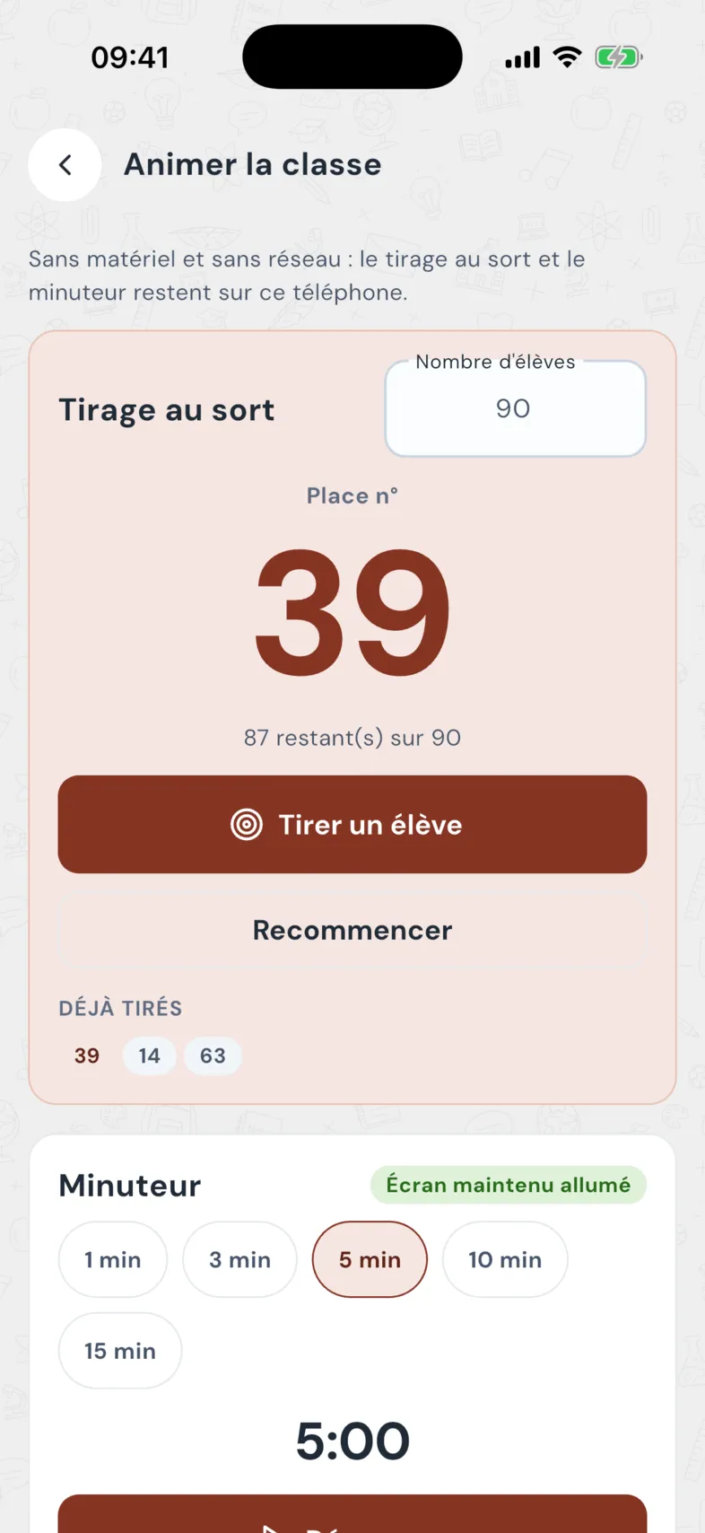 Animer la classe : tirage au sort parmi 90 élèves et minuteur, sans réseau