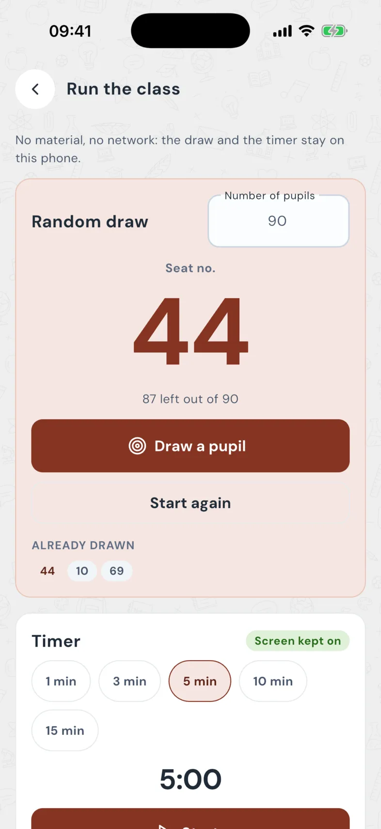 Run the class: a random draw among 90 pupils and a timer, with no network