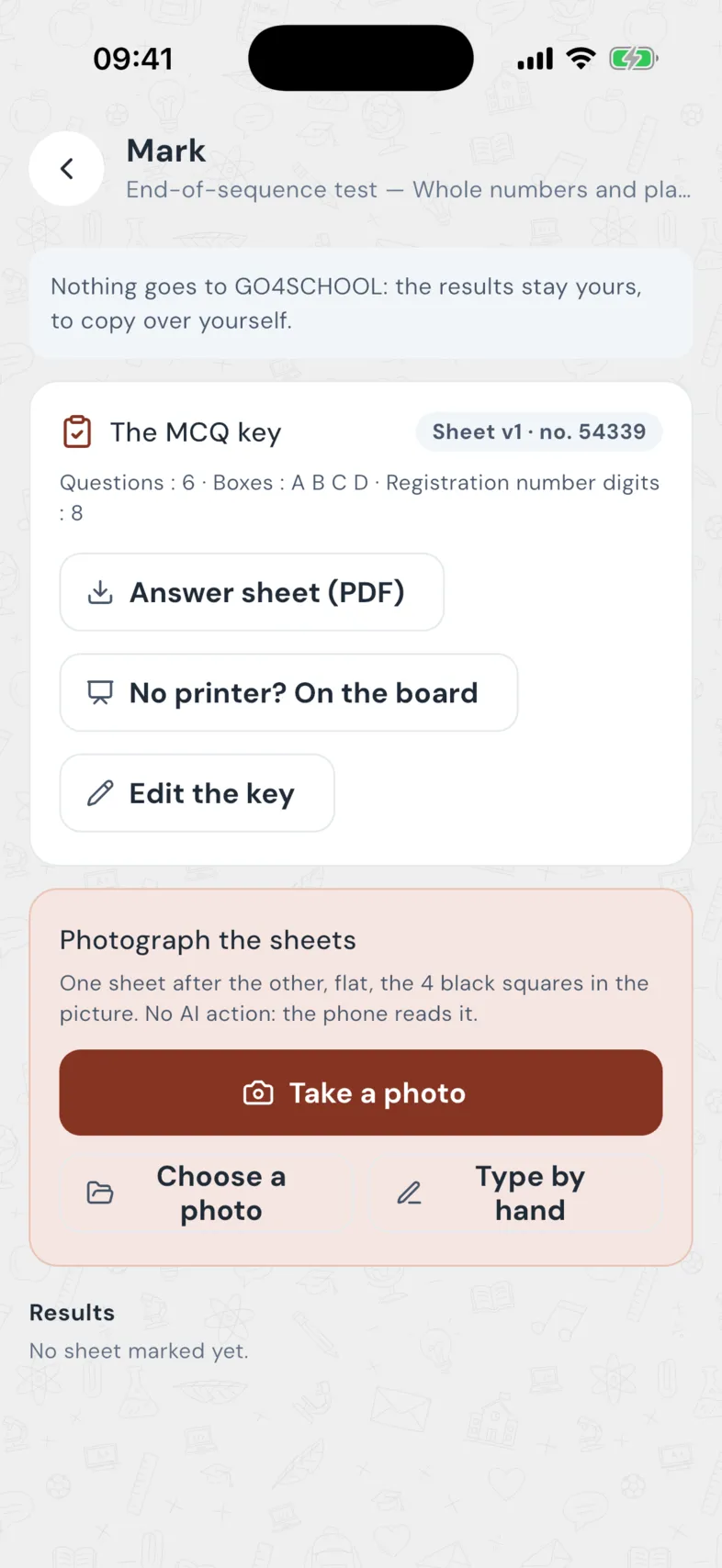 Mark MCQs by photo: the key, the answer sheet, no printer, photograph the sheets