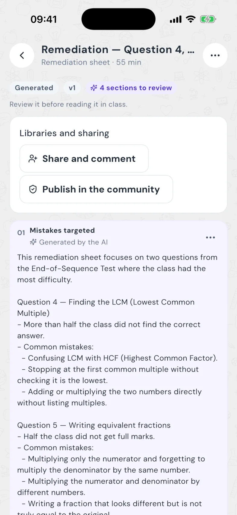 A remediation sheet: the mistakes targeted, sections to review, share and comment