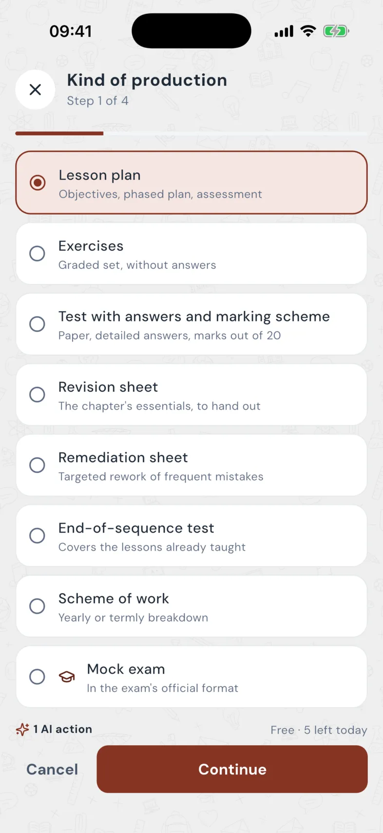 Kind of document: lesson plan, exercises, test with answer key and marking scheme, revision, remediation, scheme of work, mock exam