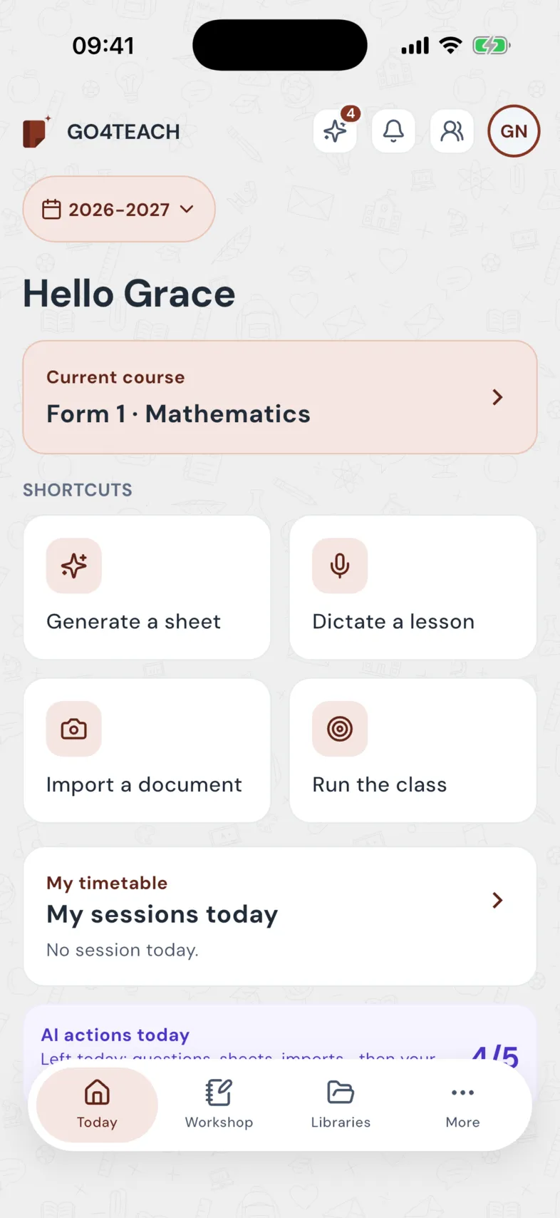 The GO4TEACH home: the current course, Form 1 Mathematics; generate a sheet, dictate a lesson, import a document, run the class